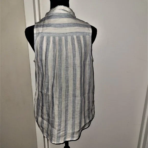 Anthropologie/Maeve Blue/White Stripe/Lace Linen Top - S - Picture 3 of 3